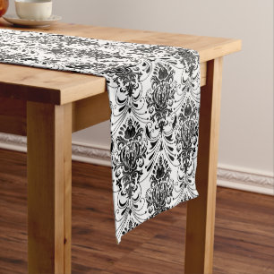 Chemin De Table Moyen Motif damassé ornemental vintage blanc et noir