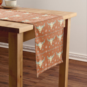 Chemin De Table Moyen Motif du crâne de vache de saumons bleus sur Brown