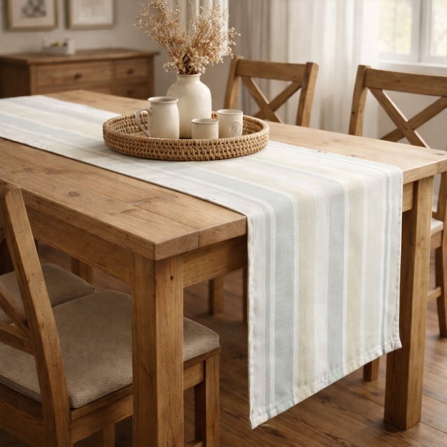 Chemin De Table Moyen Neutral Dusty Blue Striped | Rustic Farmhouse (Créateur téléchargé)