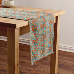 Chemin De Table Moyen Orange Brown Aqua Turquoise Blue Tribal Art