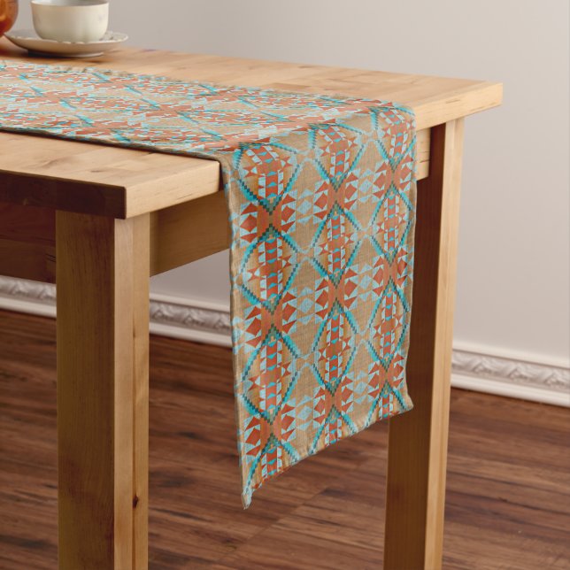 Chemin De Table Moyen Orange Brown Aqua Turquoise Blue Tribal Art (In Situ)