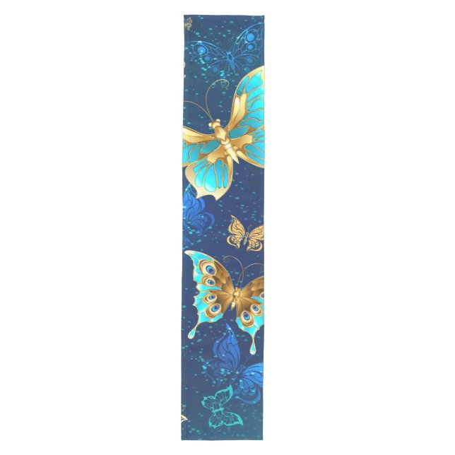 Chemin De Table Moyen Papillons d'or sur un Arrière - plan bleu (Devant)