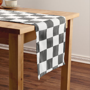 Chemin De Table Moyen Peint en damier noir et blanc à carreaux