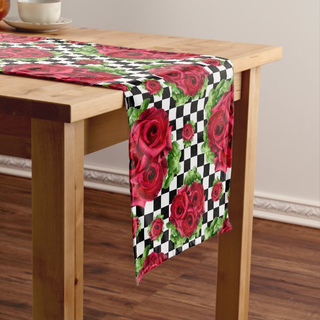 Chemin De Table Moyen Red Roses Bouquet Floral Amour Rockabilly À damier (In Situ)