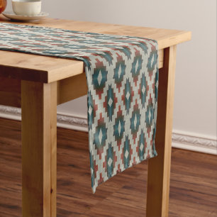 Chemin De Table Moyen Rouge foncé Brown Turquoise bleu gris Motif d'art