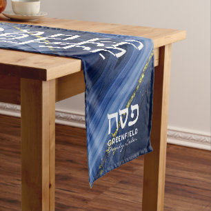 Chemin De Table Moyen Séder de Pâque Moderne Hébreu Bleu Agate