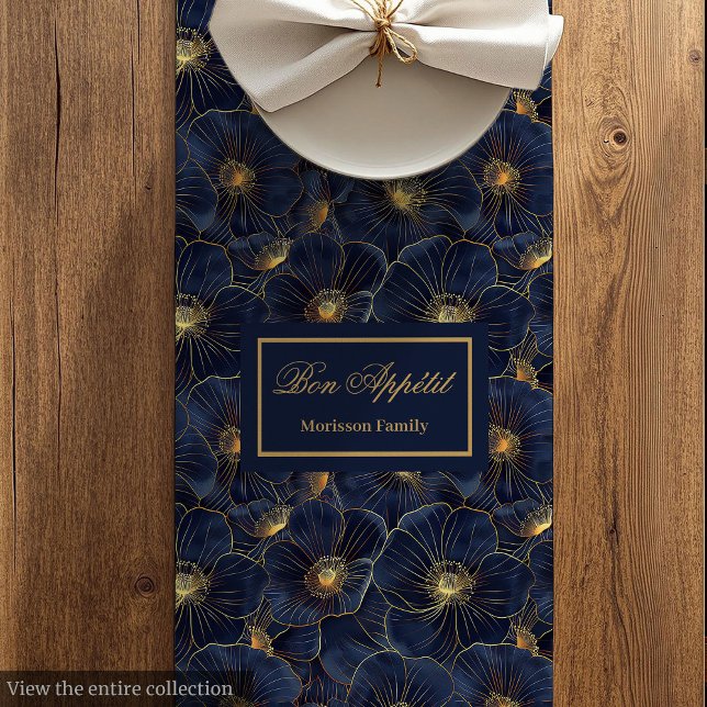 Chemin De Table Moyen Style de table botanique chic Navy Or (Chic Navy Gold Botanical Table Style)