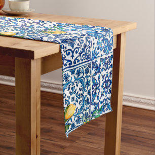 Chemin De Table Moyen style italien, méditerranéen, mosaïque, bleu, citr