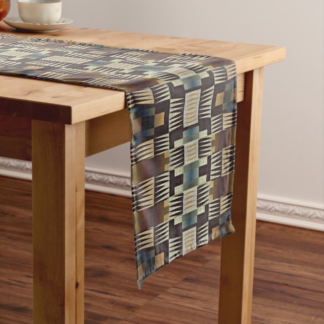 Chemin De Table Moyen Turquoise bleu gris Tan Taupe Brown Motif d'art tr (In Situ)