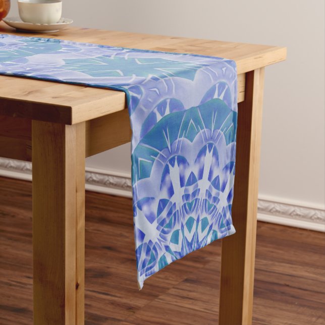 Chemin De Table Moyen Vert Bleu Court Peint à la Main  (In Situ)