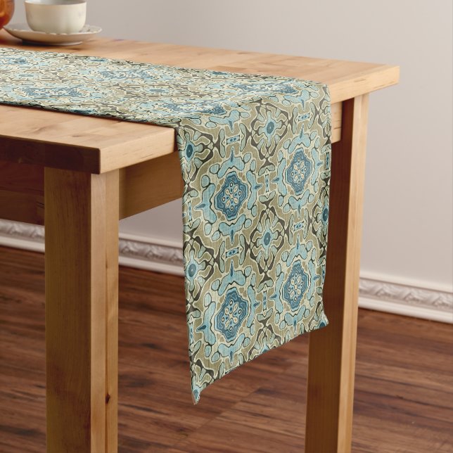 Chemin De Table Moyen Vert gris Turquoise bleu ocre Hip Bohême Bali Art (In Situ)