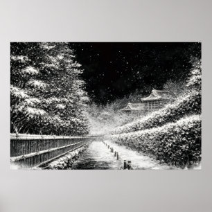 Chemin de temple enneigé la nuit – Art mural zen j