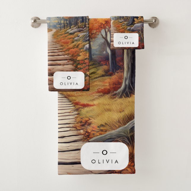 Chemin forestier d'automne avec nom et monogramme (En situation)