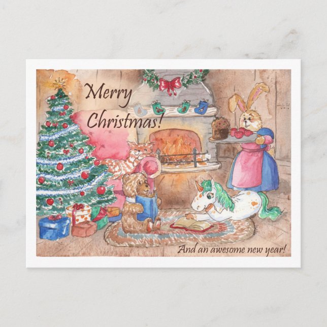 Cheminée de carte de Noël Fantaisie familiale (Devant)