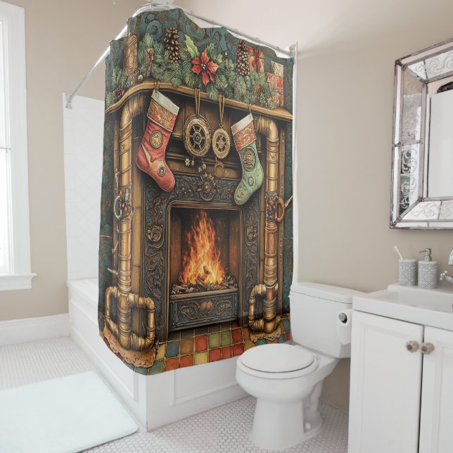 Cheminée de Noël Steampunk rideau de douche (En situation)