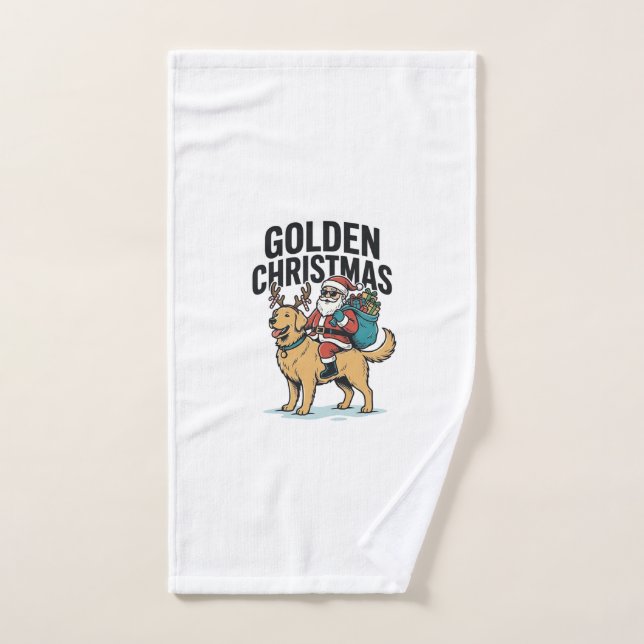 Chemise de Noël dorée Santa à cheval sur Retriever (Serviette à main)