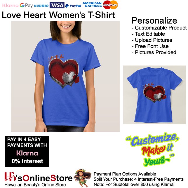 Chemise en T-shirt Royal Bleue du Coeur (Love Heart Women's T-Shirt with Blue Background.)