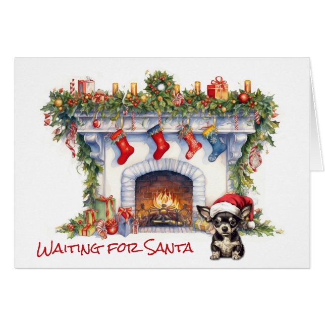 Chêne Chihuahua Cheminée de Noël Attendez Père Noë (Devant horizontal)