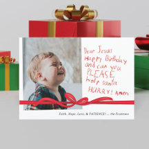 "Cher Jésus" Red Crayon note Photo Carte de Noël