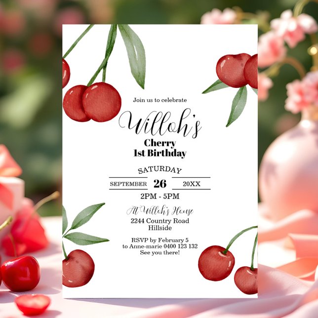 Cherry 1er Anniversaire Invitation Été Cerises (Cherry 1st Birthday Invitation. Watercolor Cherry Birthday Invitation Cherry Party Invitation)