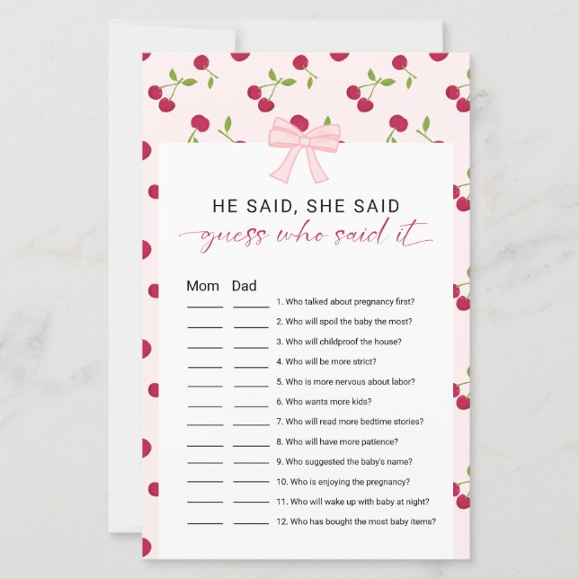 Cherry Baby Shower He Said She Said Game Pink Bow (Devant)