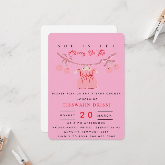 Cherry Baby shower Invitation Cherry sur le haut I (Devant/Arrière en situation)