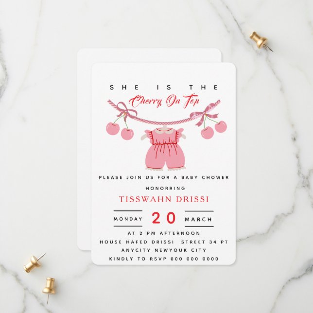 Cherry Baby shower Invitation Cherry sur le haut I (Devant/Arrière en situation)