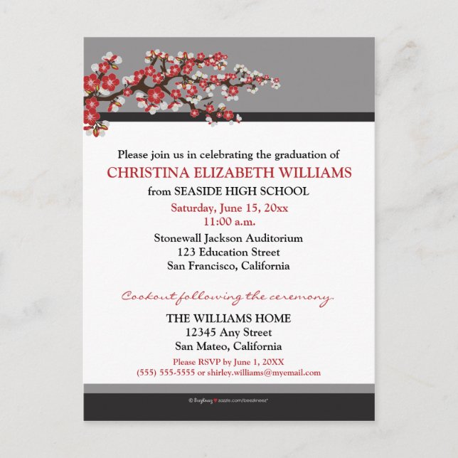Cherry Blossom Faire-part de graduation (noir) (Devant)