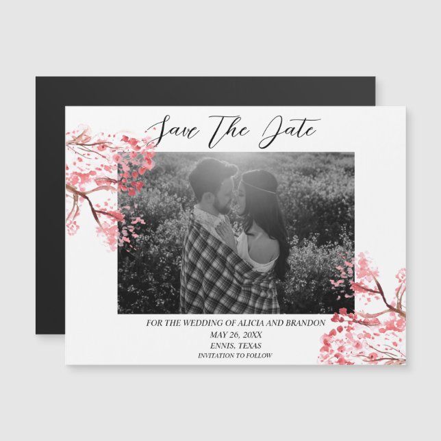 Cherry Blossom Photo Mariage Ressort Magnet Script (Devant / Derrière)