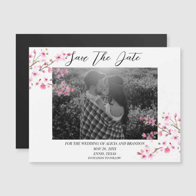 Cherry Blossom Photo Mariage Ressort Magnet Script (Devant / Derrière)