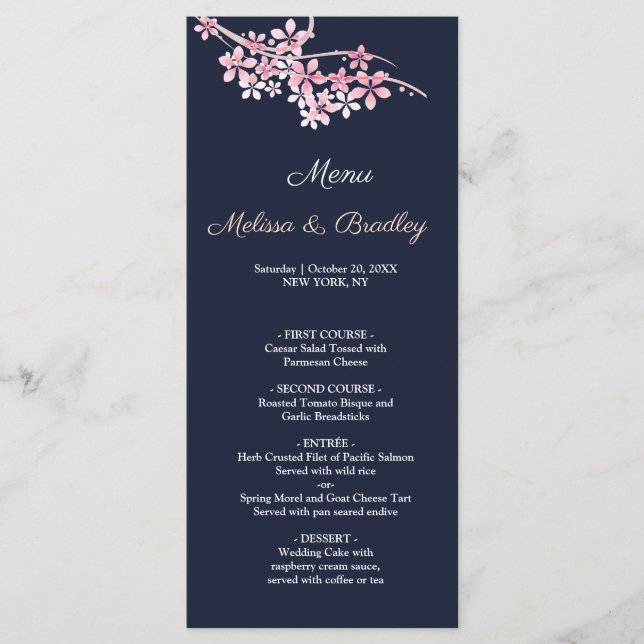 Cherry Blossom Rose marine floral Mariage Menu (Devant)