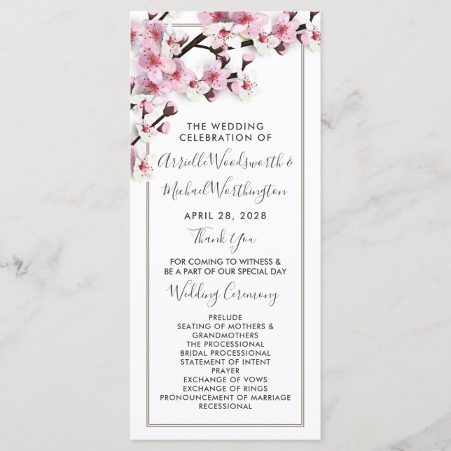Cherry Blossom Rose White Wedding Programmes (Devant)