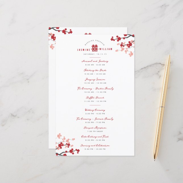 Cherry Blossoms Double Xi Chinese Wedding Programm (Devant/Arrière en situation)