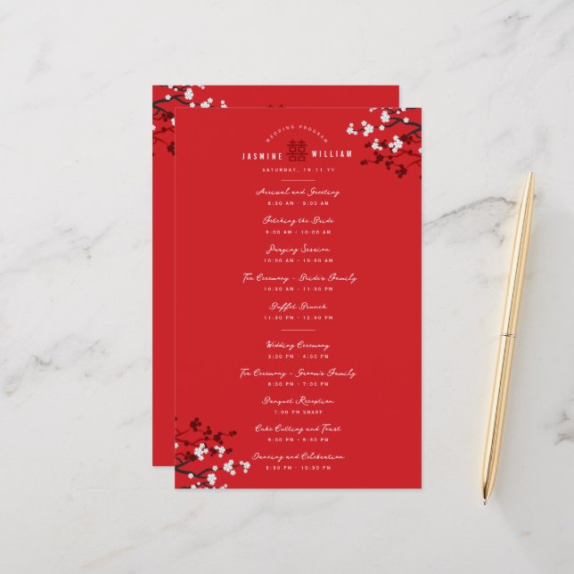 Cherry Blossoms Double Xi Chinese Wedding Programm (Devant/Arrière en situation)