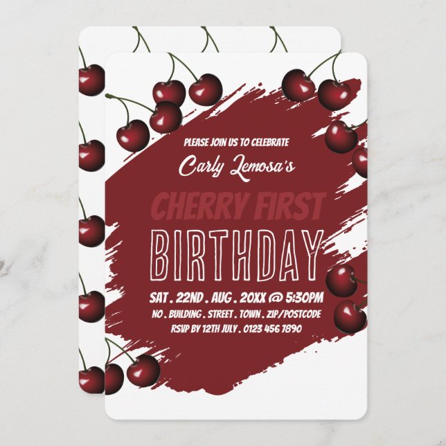 Cherry Design, Cherry First Birthday Invitation (Devant / Derrière)