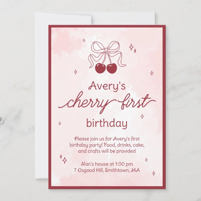 Cherry First Birthday Party Invitation (Devant)