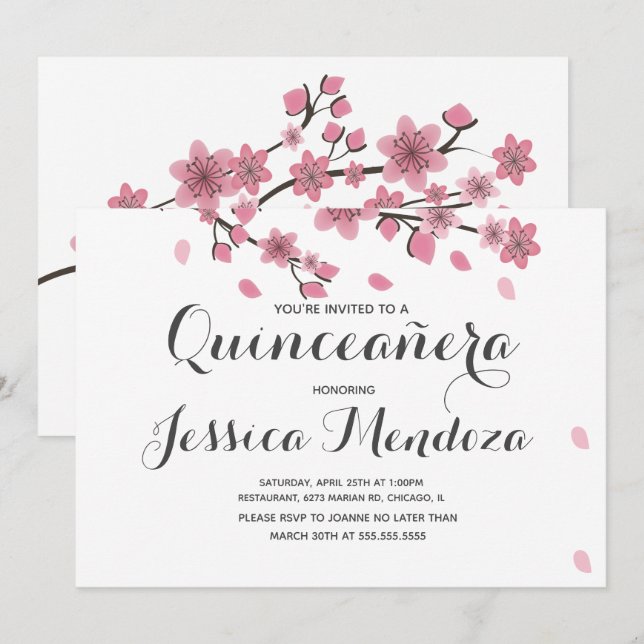 Cherry Floral Tree Quinceañera Sweet 15 Invitation (Devant / Derrière)