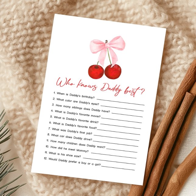 Cherry on Top Baby Shower Who Knows Daddy Game (Coquette Cherry on Top Baby Shower Game)