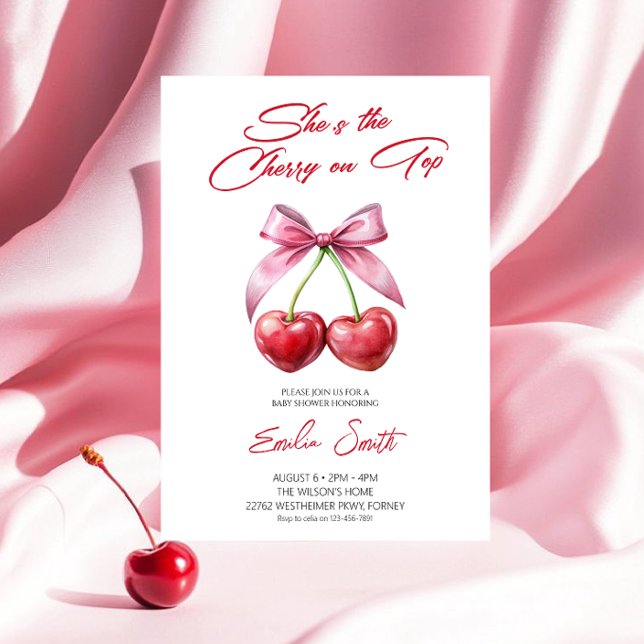  Cherry on Top pink bow Baby Shower Invitation (Créateur téléchargé)