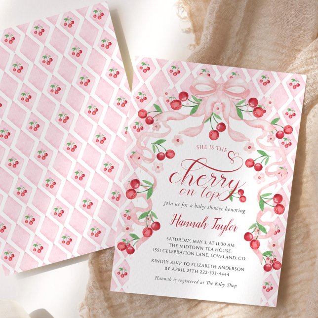 Cherry on Top Pink Bow Baby shower Invitation (Créateur téléchargé)