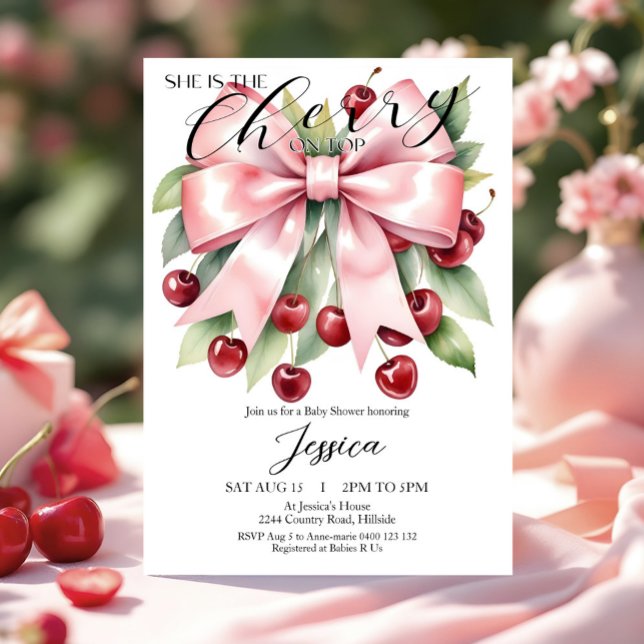 Cherry Pink Bow Cherry sur Baby shower Invitation (She is the Cherry on Top Baby Shower Invitation with watercolor cherries, foliage and pink bow)