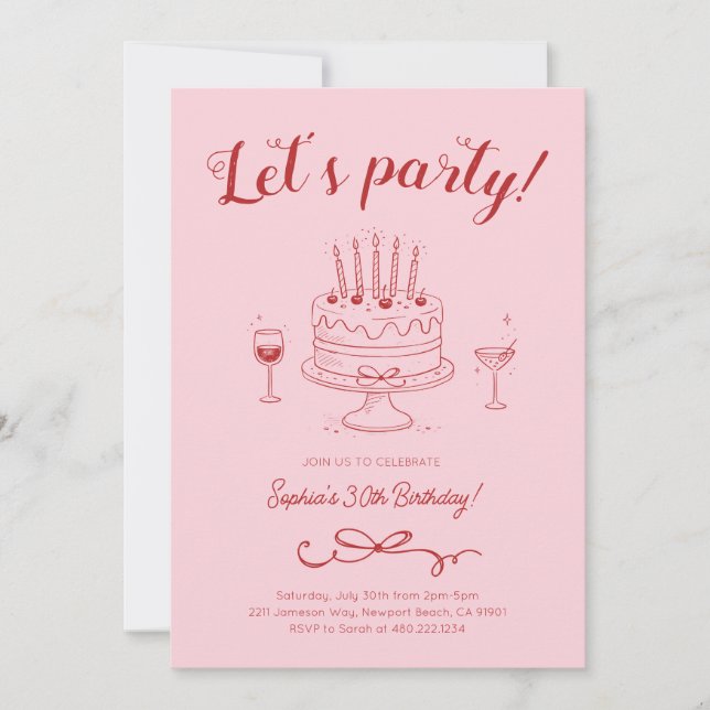 Cherry Pink Red Birthday Cake Invitation (Devant)