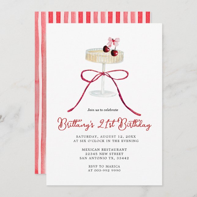 Cherry Red Bow Champagne 21st Birthday Invitation (Devant / Derrière)