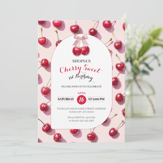 Cherry Sweet 1er anniversaire Invitation (Debout devant)