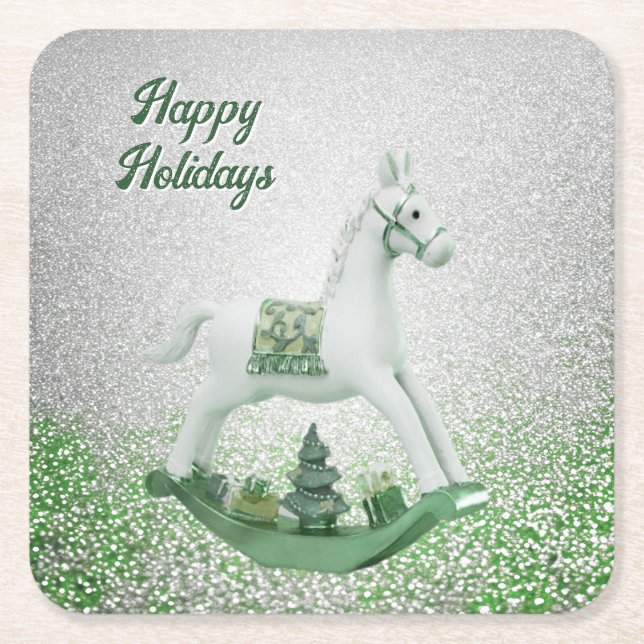 Cheval à Bascule Blanc Vert Noël Sous-Verre en Pap (Devant)