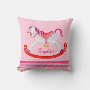 Cheval à rocher aquarelle rose nom enfants coussin