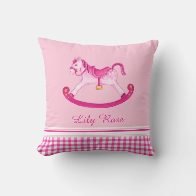 Cheval à rocher aquarelle rose nom enfants coussin (Recto)