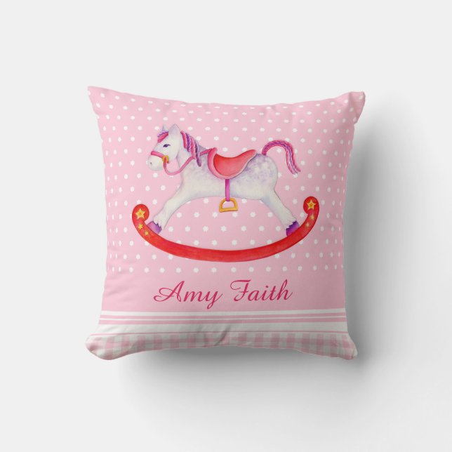 Cheval à rocher aquarelle rose nom enfants coussin (Recto)