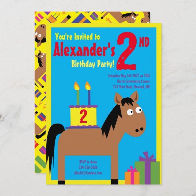 Cheval Animal Enfant's Birthday Party Invitations (Devant / Derrière)