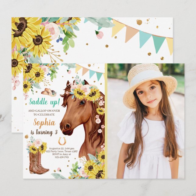 Cheval Anniversaire Invitation Fille Sunflowers Po (Devant / Derrière)